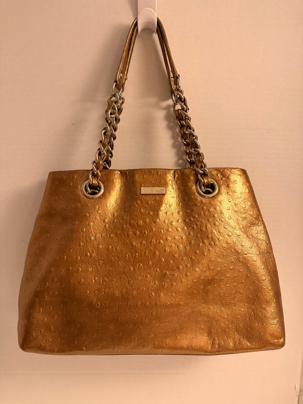 Kate Spade Ostrich Embossed Leather Tote Metallic Chocolate Brown Restored